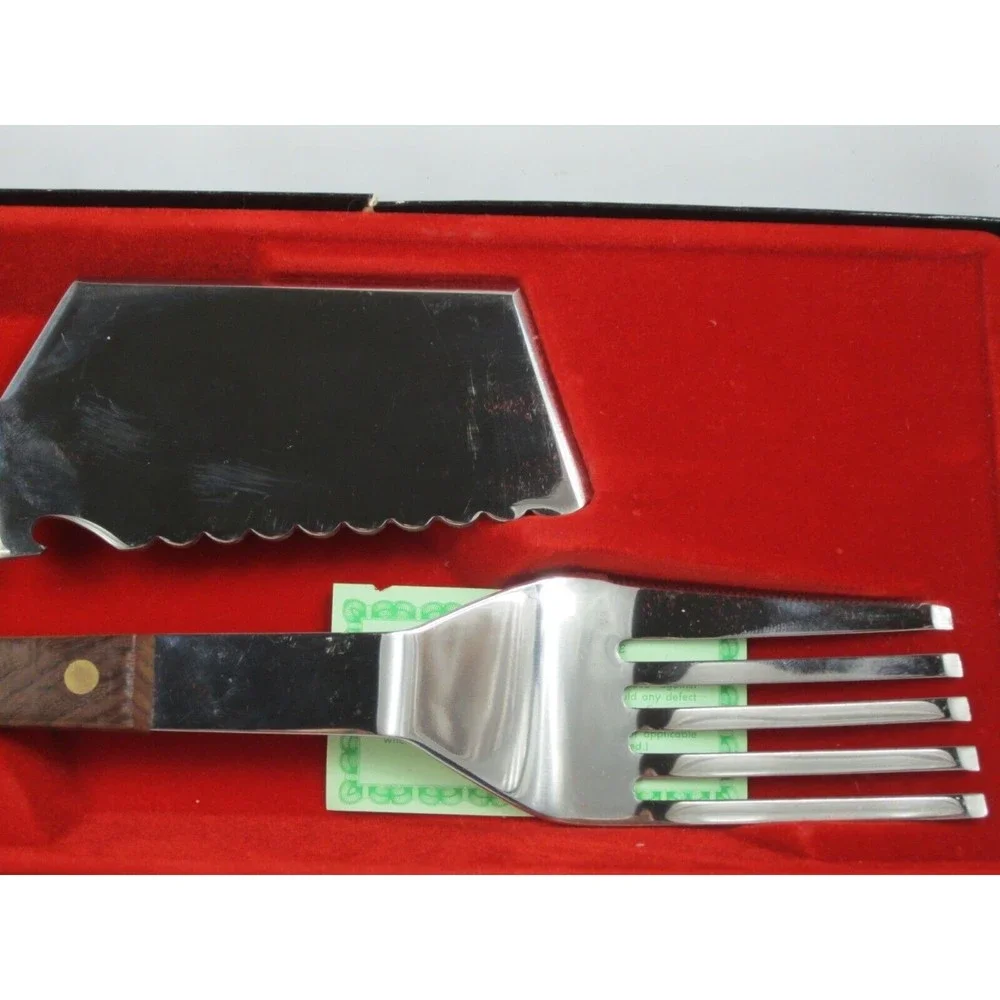 Vintage 1960's Vernco Stainless Cutlery Serving Set Wood Handles MCM with Box